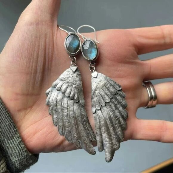 Free People Jewelry - Silver Wing Earrings with Blue Accents